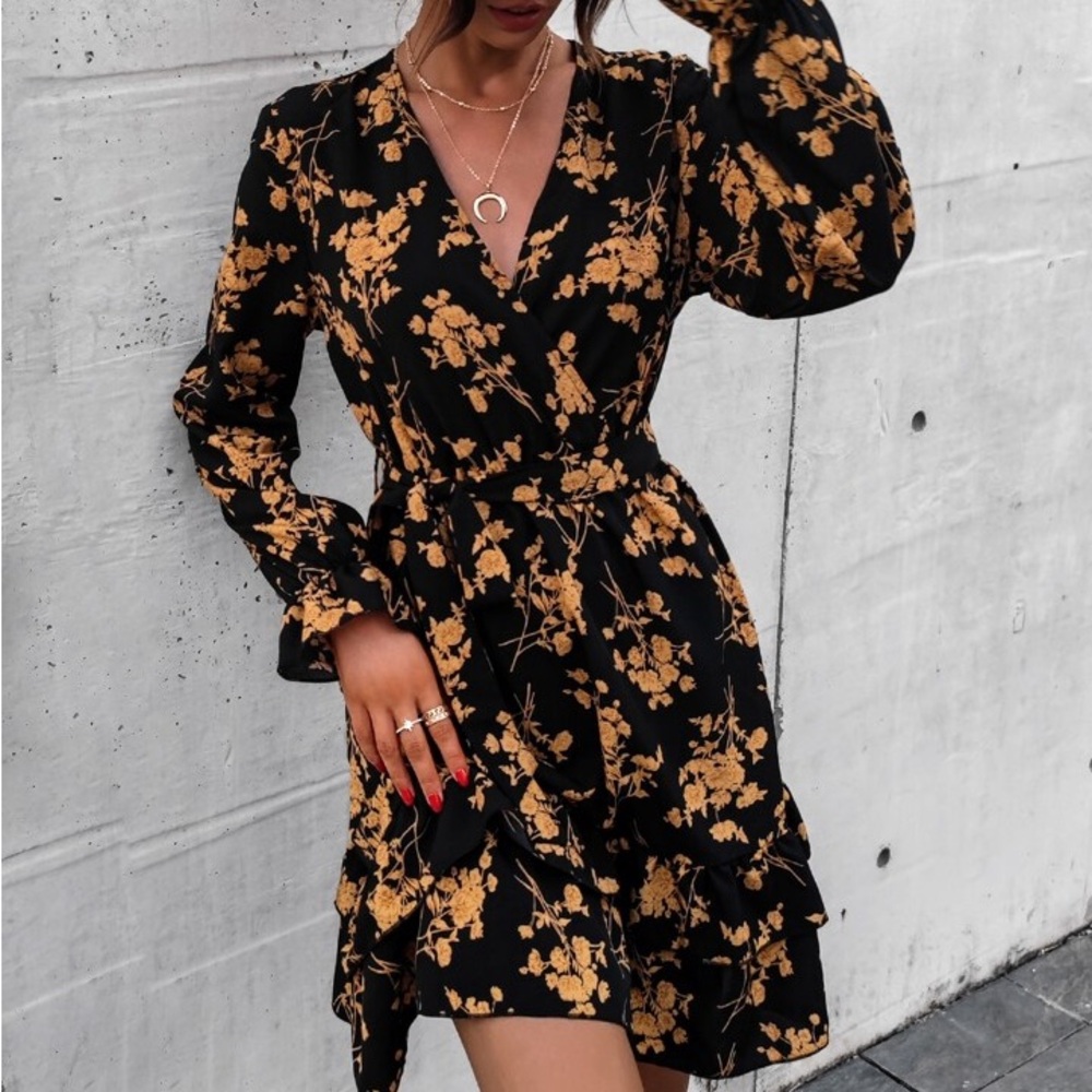 Black Quuleen dress with yellow flowers